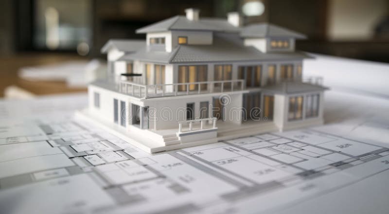 Detailed Model of a House on Architectural Blueprints vector illustration