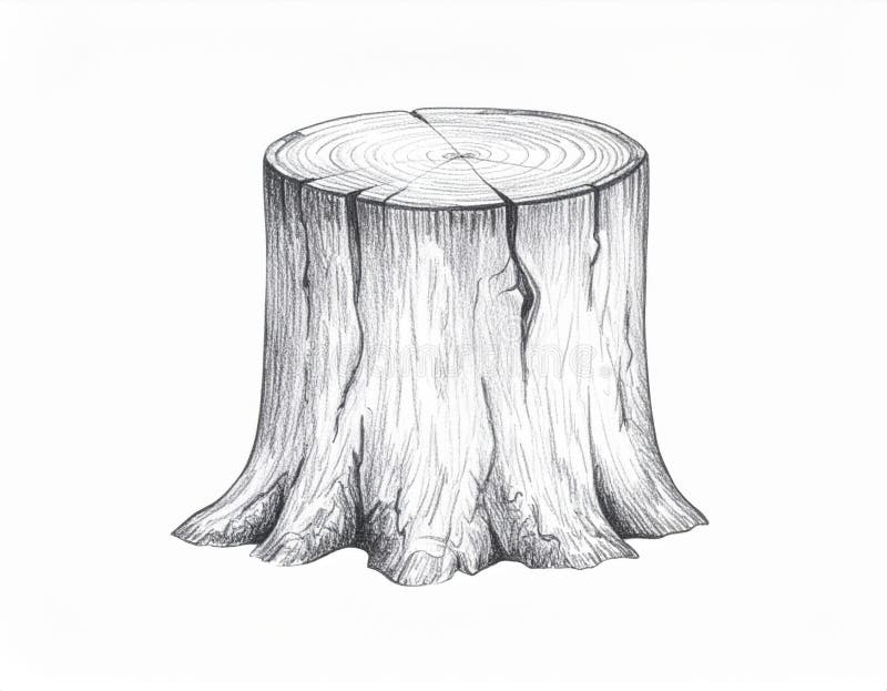 Detailed Pen Sketch of Tree Stump on White Background Showing Rings and Texture. Old tree stump sketch illustrations