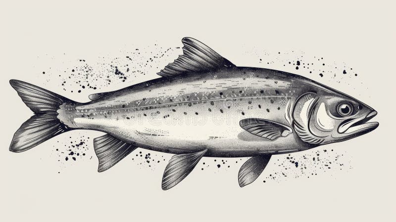 A detailed pencil drawing of a fish on a gray background with a grunge effect royalty free illustration
