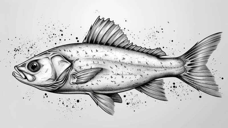 A detailed pencil sketch of a fish with a splash of ink in the background vector illustration