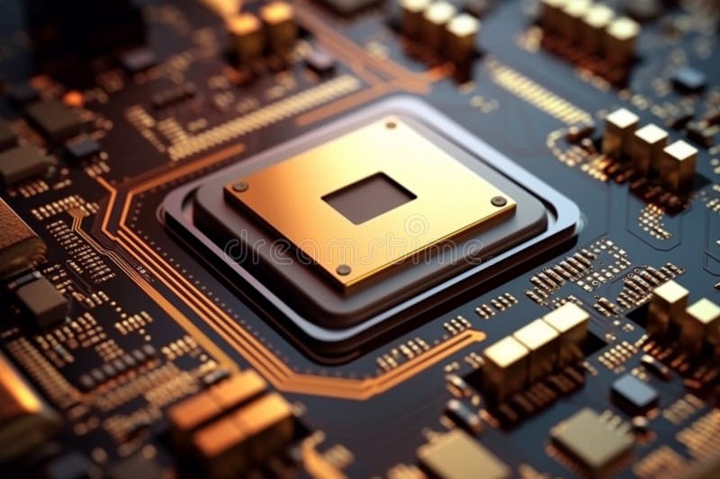 Detailed perspective, Close-up view of computer processor in motherboard. vector illustration