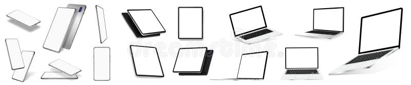 Detailed realistic mockups - smartphone, tablet and laptops in different position. Frontal, perspective, isometric and top view. Mobile phone 3D device with blank display. UI, UX, KIT mockups. Vector. Laptop side angle vectors
