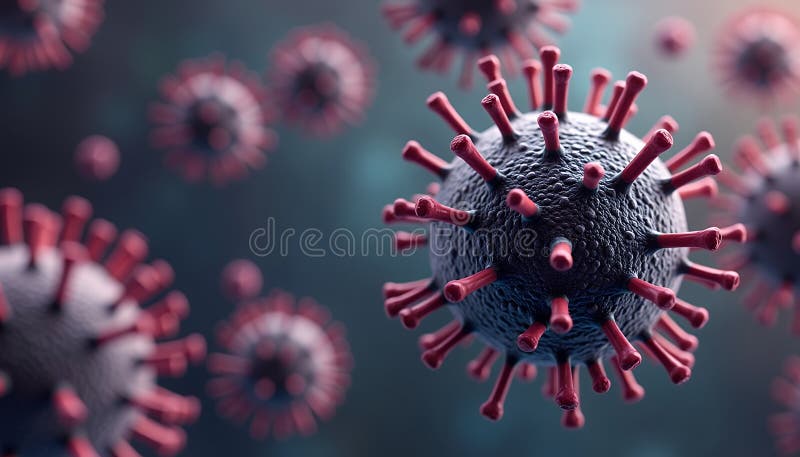 Detailed Render of Coronavirus Molecules with Red Spikes and Blurred Backdrop stock illustration
