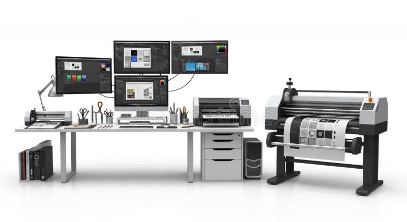 Workplace Setup Featuring Computer Screens Printers and Plotter on a Clean White Background for Graphic Design Tasks vector illustration