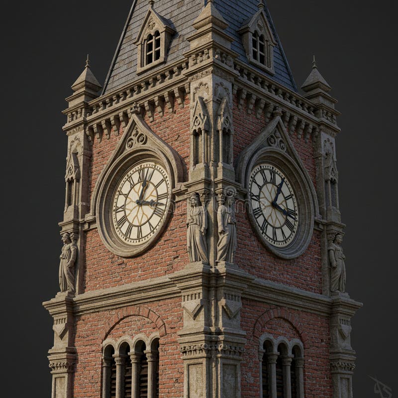 A detailed rendering of a clock tower with neo-Gothic architectural elements. The royalty free illustration