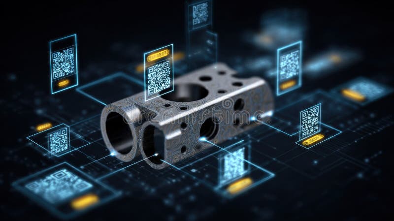 A detailed rendering of a 3Dprinted aerospace part with embedded QR codes and blockchain identifiers showcasing how royalty free illustration
