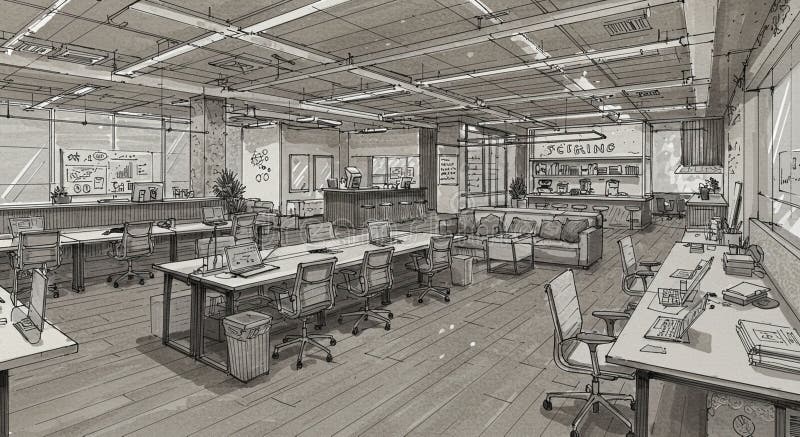 A detailed rendering of a modern office space featuring numerous workstations with stock illustration