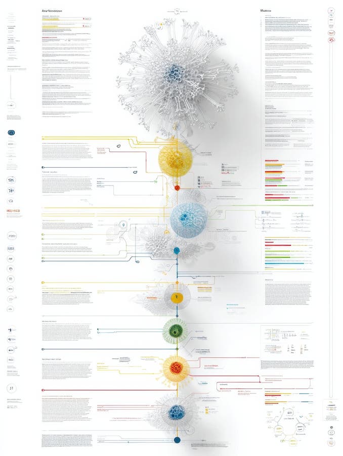Visual display of a biological process featuring colorful cellular models and informative annotations explaining each stage and structure involved. Annotations ai stock images, royalty-free photos and pictures