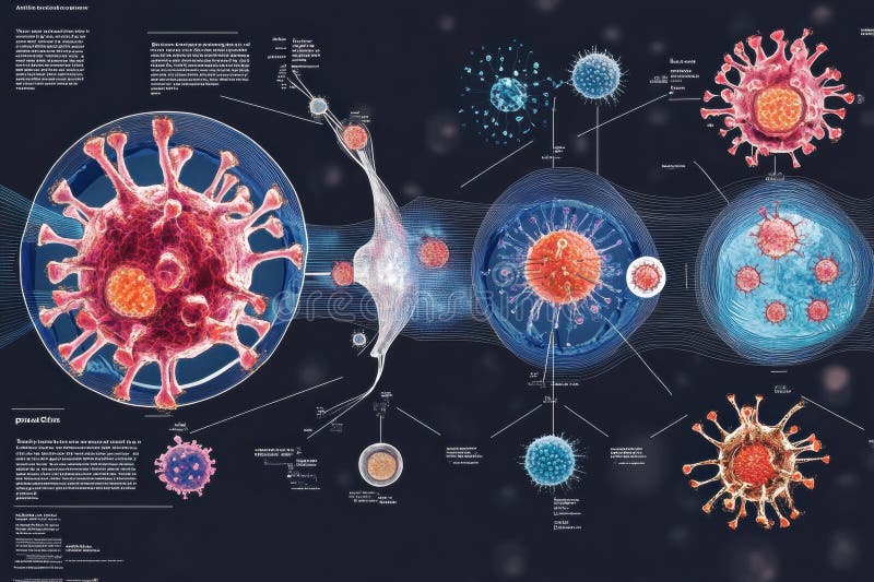 Detailed scientific visualization shows stages of a virus lifecycle including penetration, replication, and spreading in royalty free stock photos