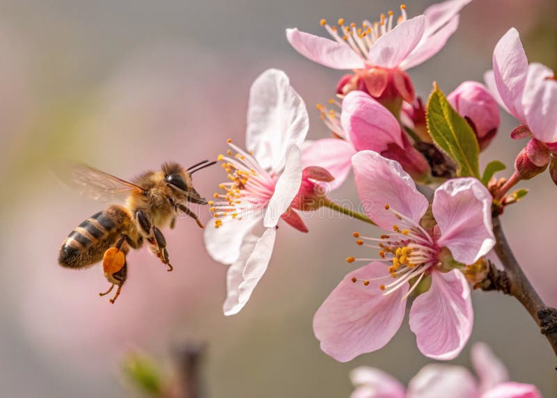 A Detailed Shot of a Bee Hovering Near a Vibrant Blooming Flower royalty free stock photography