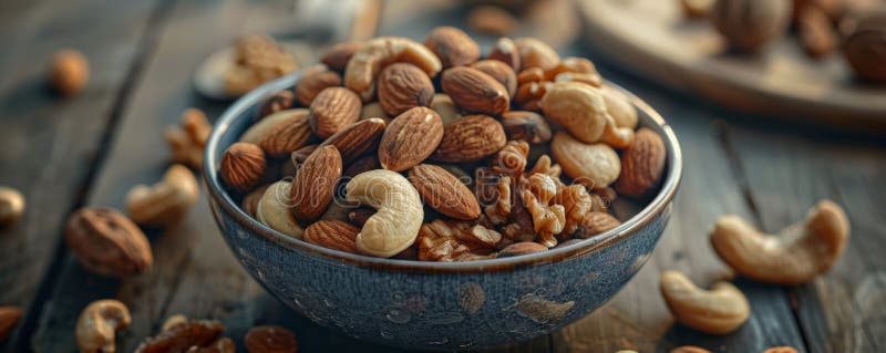 A detailed shot of a bowl of mixed nuts, including almonds, walnuts, and cashews, set on a rustic stock image