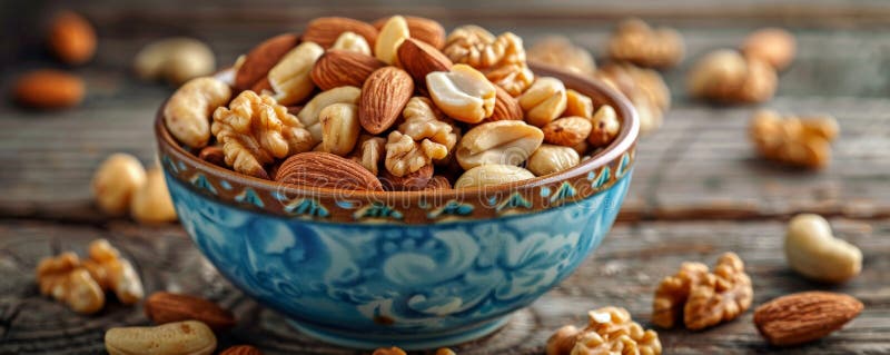 A detailed shot of a bowl of mixed nuts, including almonds, walnuts, and cashews, set on a rustic royalty free stock photo