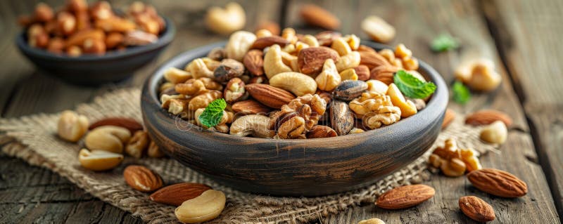 A detailed shot of a bowl of mixed nuts, including almonds, walnuts, and cashews, set on a rustic stock image