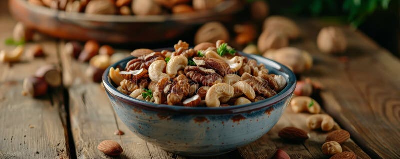 A detailed shot of a bowl of mixed nuts, including cashews, walnuts, and hazelnuts, set on a rustic royalty free stock image