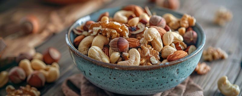 A detailed shot of a bowl of mixed nuts, including cashews, walnuts, and hazelnuts, set on a rustic stock image