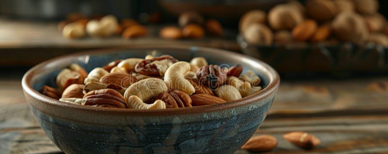 A detailed shot of a bowl of mixed nuts, including pecans, almonds, and cashews, set on a polished stock photography