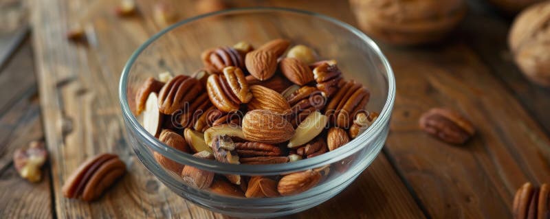 A detailed shot of a bowl of mixed nuts, including pecans, almonds, and cashews, set on a polished royalty free stock photos