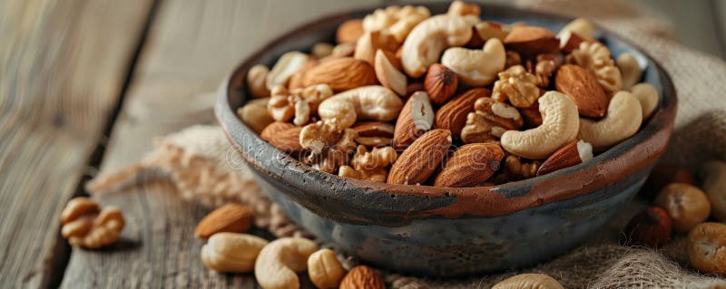 A detailed shot of a bowl of mixed nuts, including walnuts, cashews, and almonds, set on a rustic stock photography