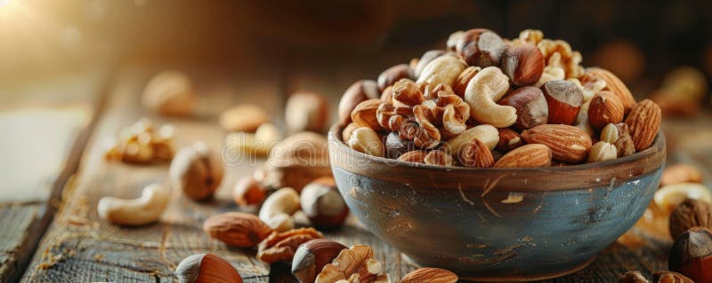 A detailed shot of a bowl of mixed nuts, including walnuts, cashews, and almonds, set on a rustic stock photo