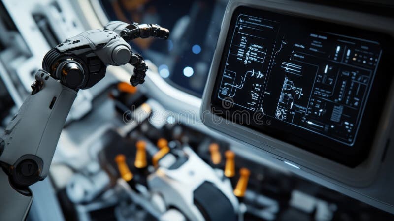 A detailed shot captures a robotic assistant floating in the module equipped with multiple retractable tools and sensors. Holographic controls hover next to it displaying task lists. Controls automation stock images, royalty-free photos and pictures