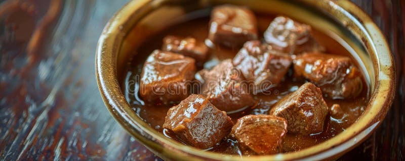 A detailed shot of a ceramic dish with wet cat food, featuring chunks of meat in gravy. The dish is stock photography