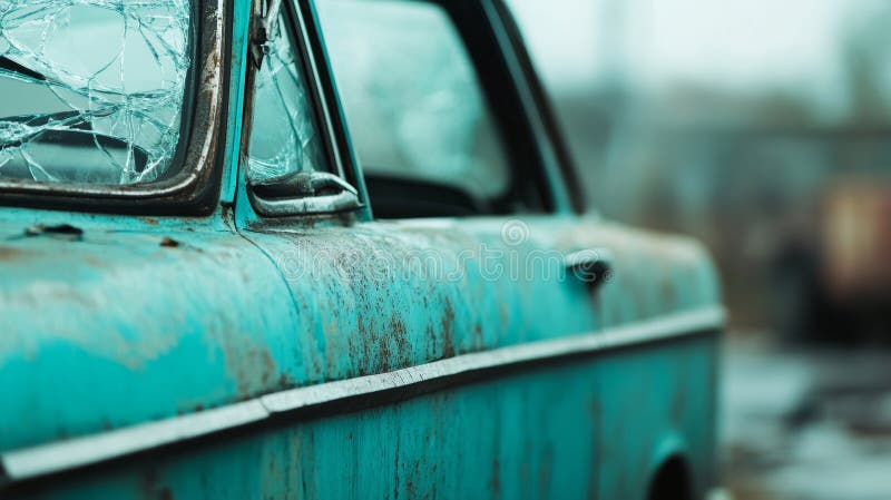 Detailed shot of a deteriorating turquoise car with a broken windshield, showcasing its rusty surface and suggesting a royalty free stock photos