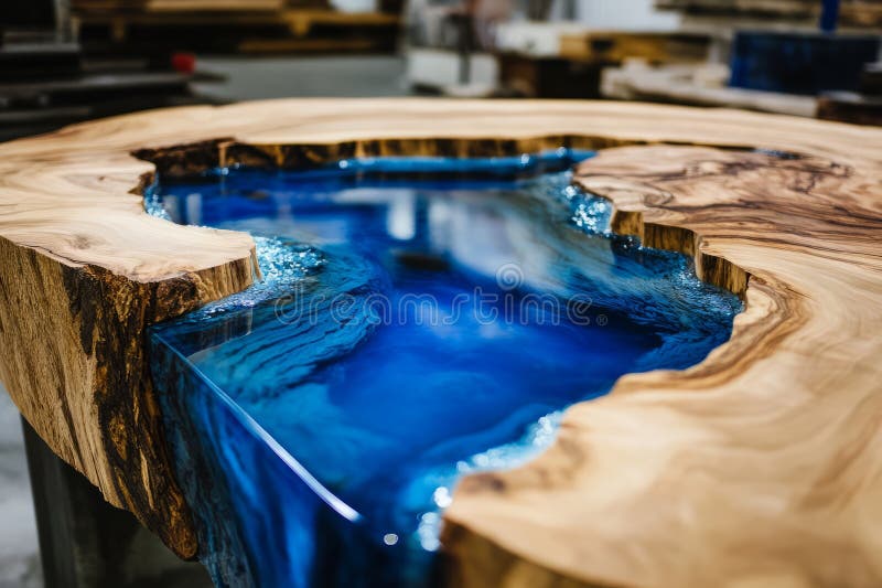 A detailed shot of an epoxy resin river table in progress royalty free stock images