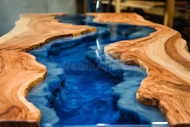 A detailed shot of an epoxy resin river table in progress royalty free stock photography
