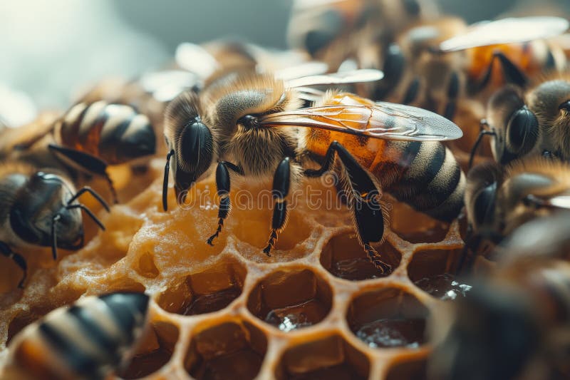 Detailed shot of a group of bees encircling a queen bee on a honeycomb, with focus on the royalty free stock photography