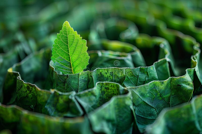Detailed shot of a lone green leaf, surrounded by lush foliage in a vast field royalty free stock photography