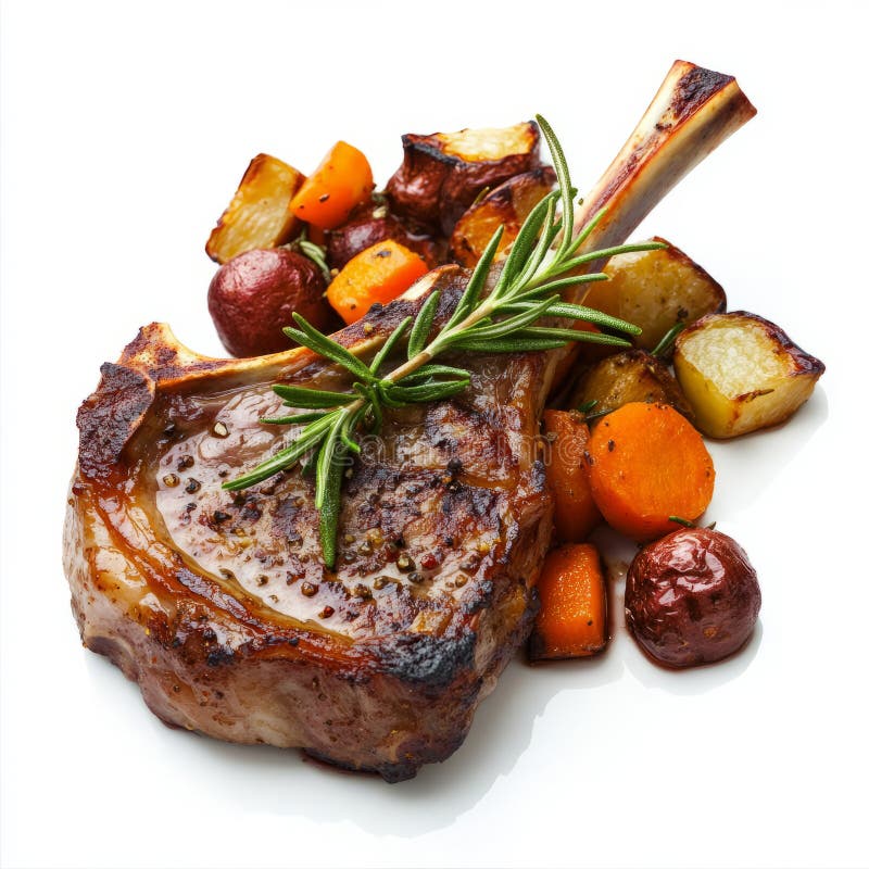A detailed shot of a perfectly cooked lamb chop, its surface caramelized, served with a side of royalty free stock photo