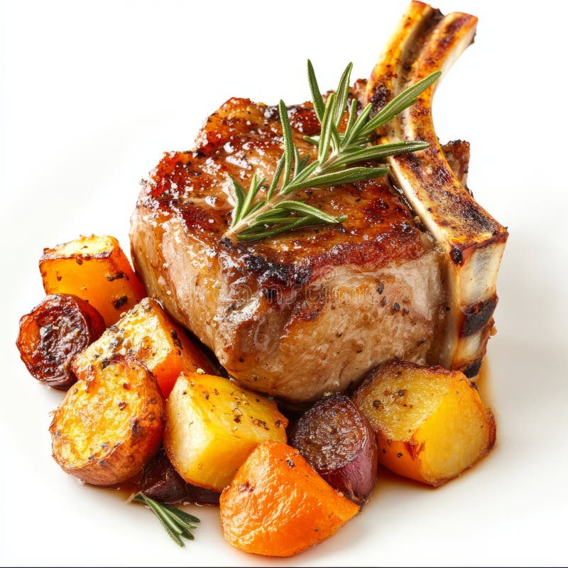 A detailed shot of a perfectly cooked lamb chop, its surface caramelized, served with a side of stock images