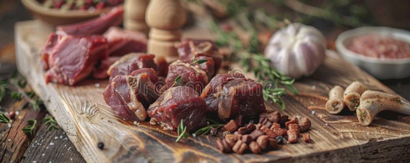 A detailed shot of raw pet food, including meat and bones, arranged on a rustic wooden cutting royalty free stock photos