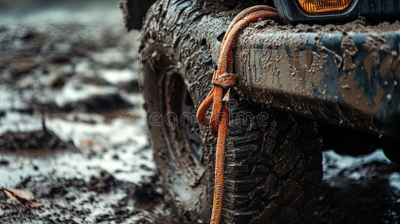 Detailed shot of recovery gear on SUV bumper, ready for tough route. royalty free stock photo