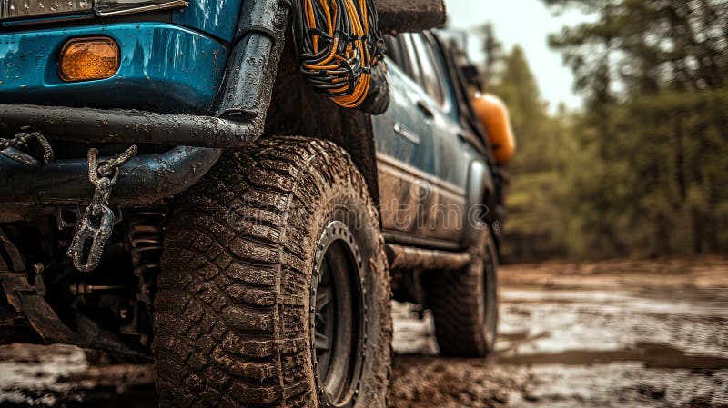 Detailed shot of recovery gear on SUV bumper, ready for tough route. stock photos