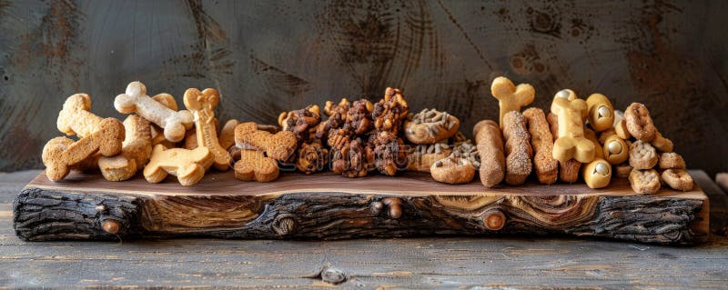 A detailed shot of a selection of dog biscuits, including bone-shaped treats and crunchy snacks stock image