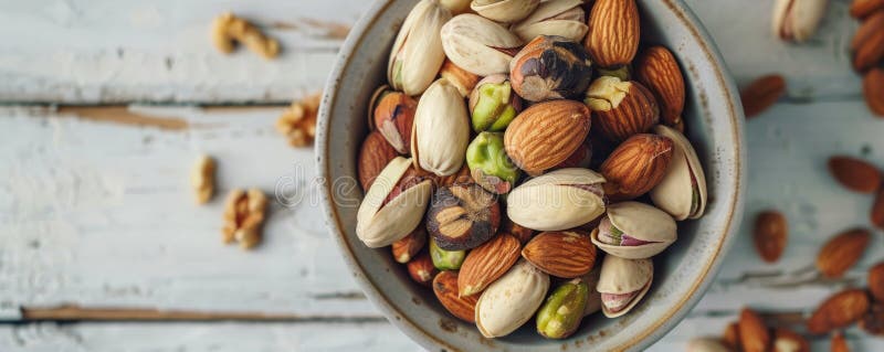 A detailed shot of a selection of mixed nuts, including almonds, Brazil nuts, and pistachios, in a stock image