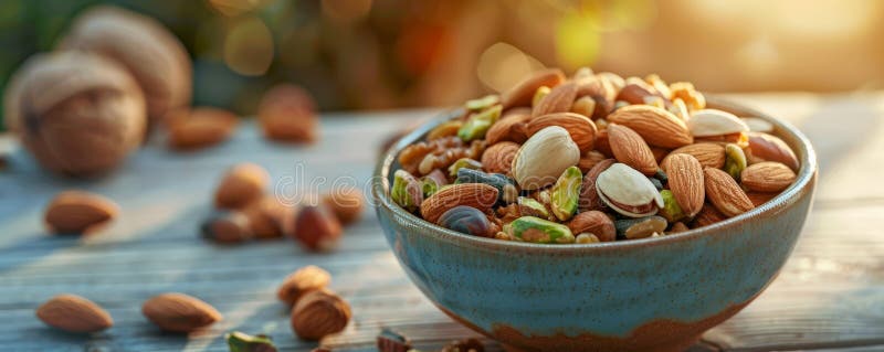 A detailed shot of a selection of mixed nuts, including almonds, Brazil nuts, and pistachios, in a stock image