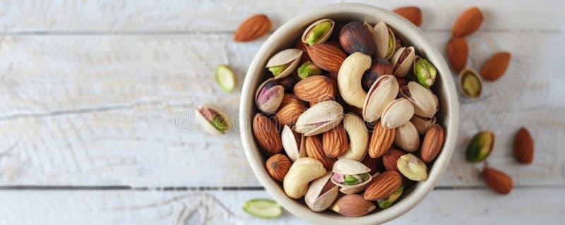 A detailed shot of a selection of mixed nuts, including almonds, Brazil nuts, and pistachios, in a stock images
