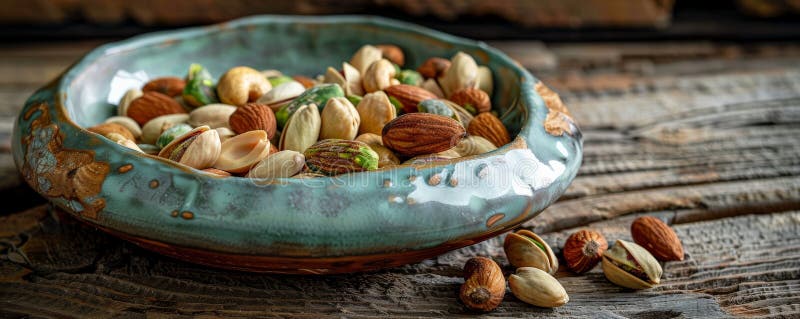 A detailed shot of a selection of mixed nuts, including almonds, pistachios, and macadamias, in a stock photos