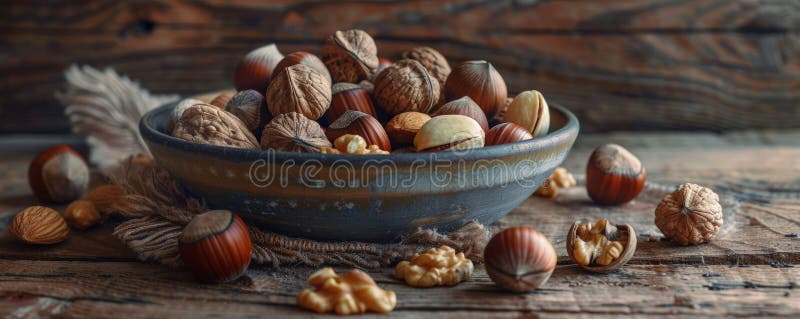 A detailed shot of a selection of mixed nuts, including hazelnuts, macadamias, and walnuts, in a stock image