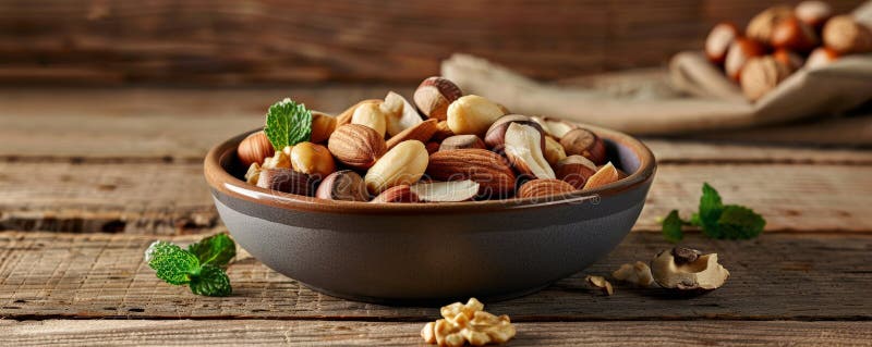 A detailed shot of a selection of mixed nuts, including hazelnuts, macadamias, and walnuts, in a stock photo