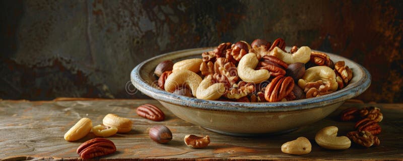 A detailed shot of a selection of mixed nuts, including macadamias, Brazil nuts, and pecans, in a stock photo