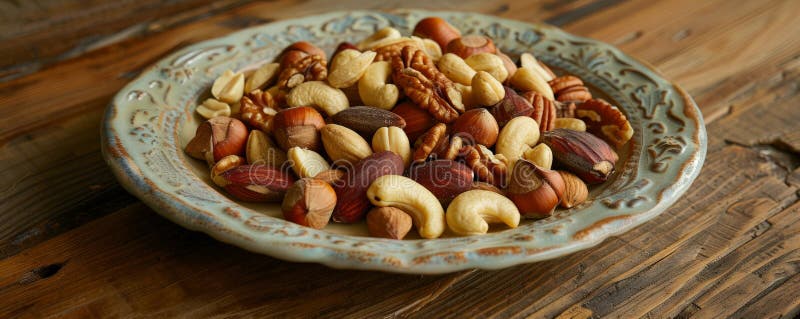 A detailed shot of a selection of mixed nuts, including macadamias, Brazil nuts, and pecans, in a stock photography