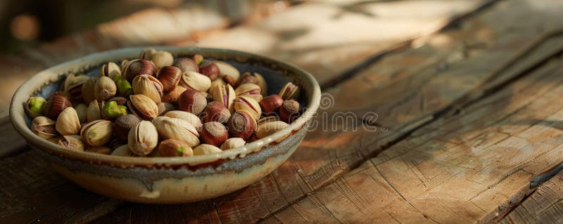 A detailed shot of a selection of mixed nuts, including pistachios, hazelnuts, and macadamias, in a stock photo