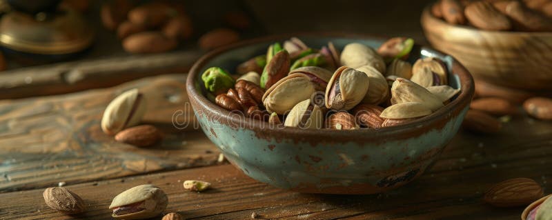 A detailed shot of a selection of mixed nuts, including pistachios, walnuts, and almonds, in a stock photo