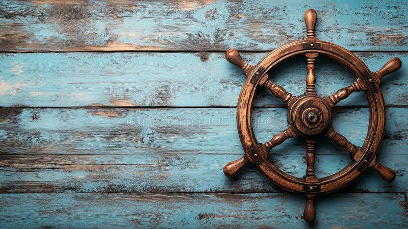 A detailed shot of a ship's helm on a light wooden background stock photo