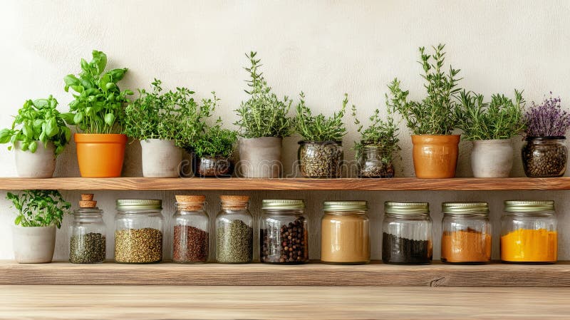 Detailed shot of spice jars and herbs for cooking class setup stock photography