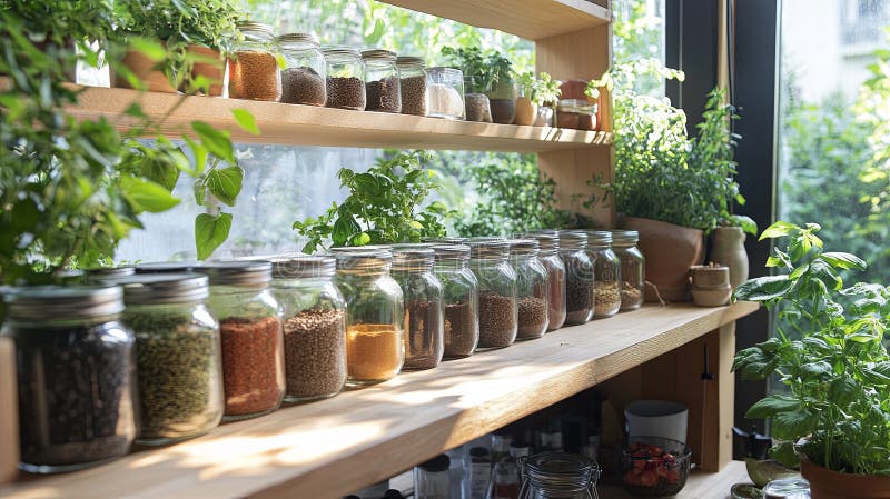 Detailed shot of spice jars and herbs for cooking class setup, organized shelves. stock image