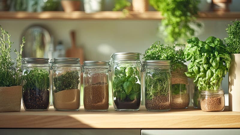 Detailed shot of spice jars and herbs for cooking class setup, organized shelves. royalty free stock photo